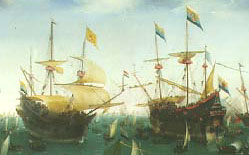 The largest ships from 'The return of the second expedition to Asia (1598)' by H.C.Vroom. Amsterdam Historical Museum. 