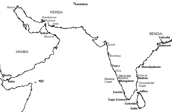 Map including some of the ports visited by the Blessing/Avondster